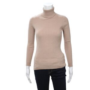 Beige Women Pullover Turtleneck Striped Long Sleeve Sweater Size S